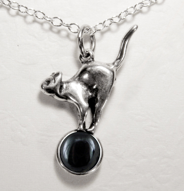 Sterling Silver Playful Kitty Cat About To Jump Pendant With Hematite